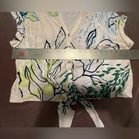 NIC+ZOE Cream/Green Waterfront Short Sleeve Button Tie Sweater Top Medium $128 - Picture 8 of 11